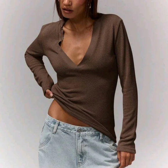 🌻2pk Elegant Beige & BrownV-Neck Long Skeeve Women's Top Size XL - Picture 4 of 11